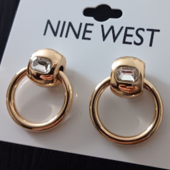 NINE WEST Mod/Contemporary Gold Clear Crystal Door Knocker Earrings**NEW! - Picture 2 of 4